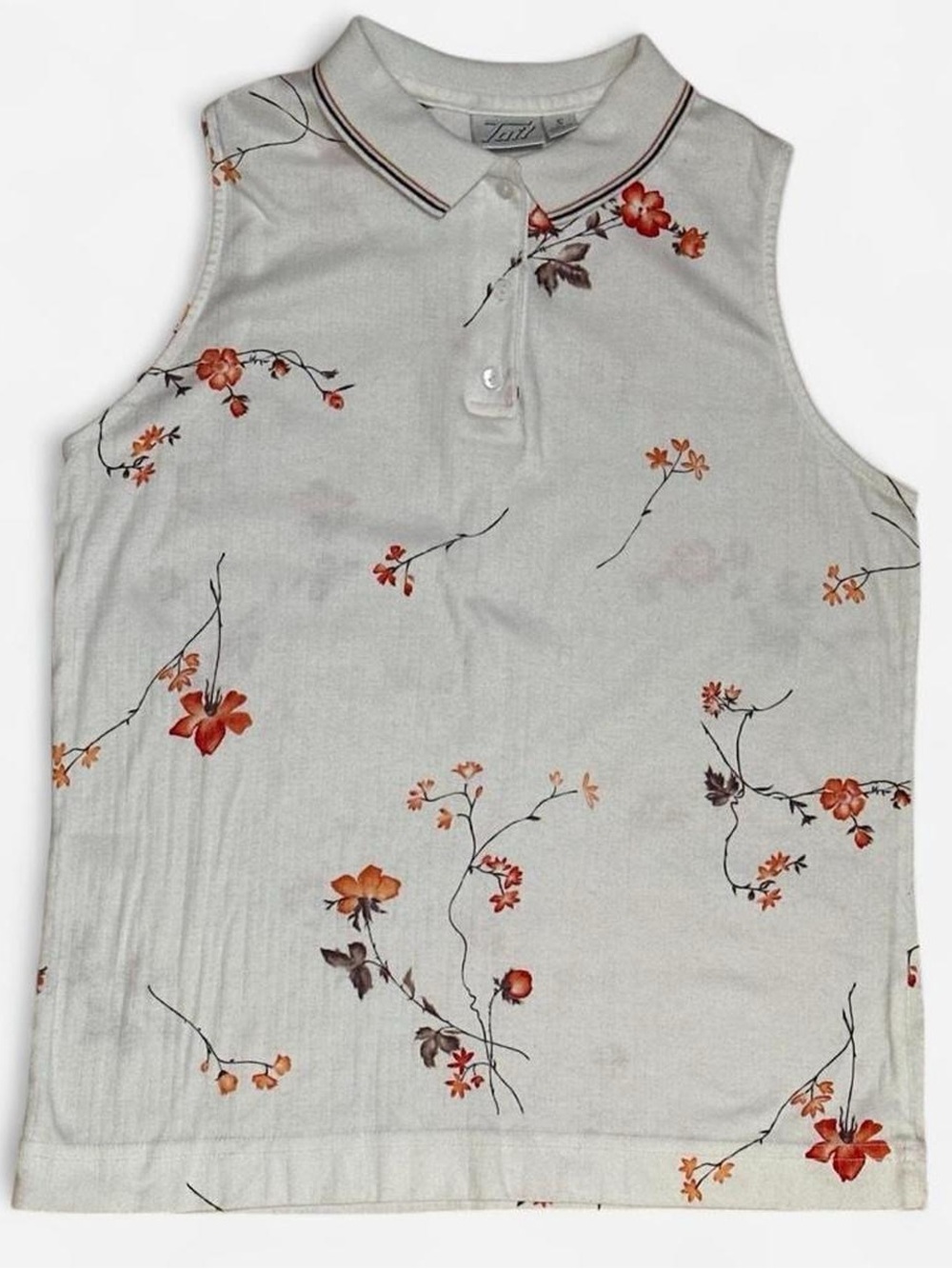 Vintage Tail White & Orange Floral Sleeveless Polo Top - Size Small